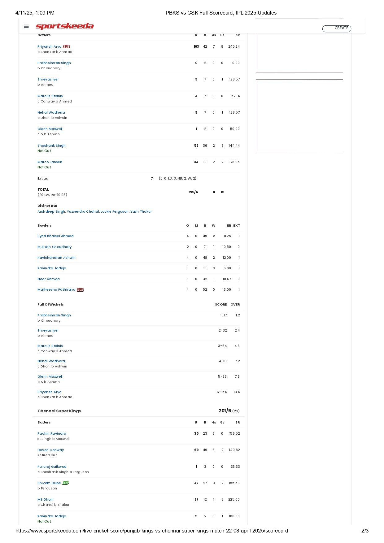 PBKS vs CSK 2025 scorecard.